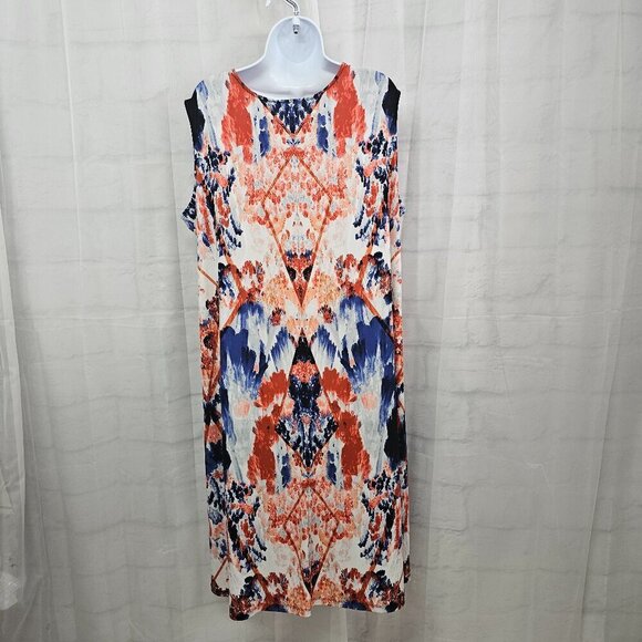 Roaman's Red Blue Sleeveless Abstract Grunge Shift Midi Dress 18/20 (L) - Picture 5 of 9
